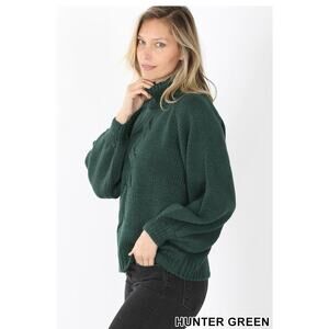Zenana Puff Sleeve Turtleneck Sweater-Hunter Green (Large)
